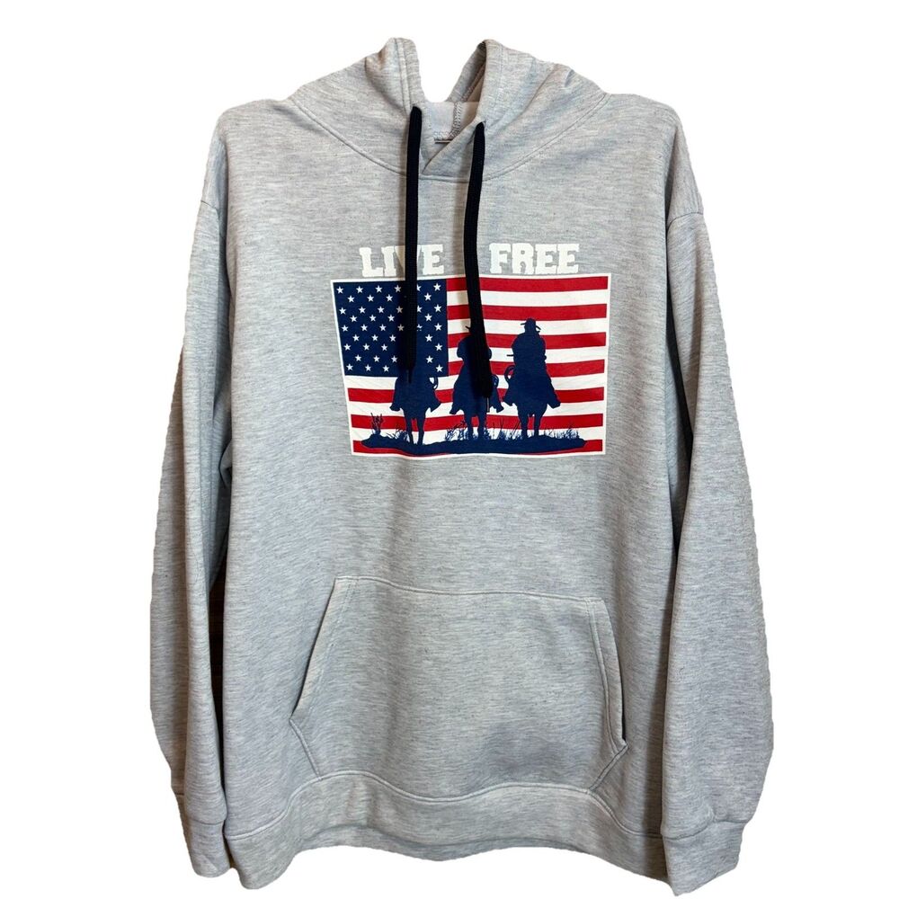 Unisex XL Gray Fleece Pullover Hoodie USA Flag Horses Cowboys Western